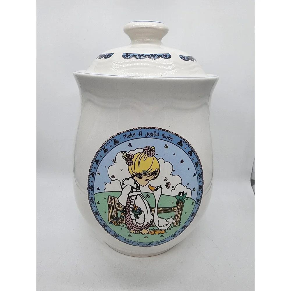 Precious Moments 1992 Make A Joyful Noise Ceramic Cookie Jar Vintage White Blue